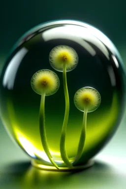 A human embryo is floating inside a semi-transparent sphere, and from this sphere, grass and dandelions are growing.