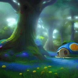 Sacred forest on an alien planet, giant blue trees, cute mushrooms, glowing flowers, bright sun through trees, little hobbit house, highly detailed, artstation, concept art, smooth, sharp focus, illustration, 8k