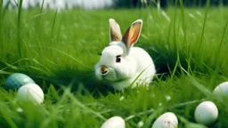a rabbit in a grassy meadow with white eggs laying in the green grass Generative AI