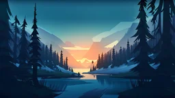 Stylized image of a forest, near a serene lake and mountains in the background at sunrise