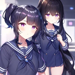 Clear focus, High resolution, short black fluffy hair, long locks, chopped bangs, pony tail, purple eyes, wearing a sailor uniform