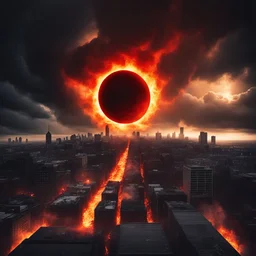 Realistic picture of a solar eclipse in the background, dark clouds surrounding it and Montreal's city on fire with big red flames. Dark, mysterious ambiance.