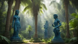 In the heart of the dense jungle, towering palm trees sway in the breeze, their lush green leaves casting dappled sunlight on ancient blue statues hidden among the foliage. These mysterious figures, weathered by time, seem to whisper secrets of a long-forgotten civilization.