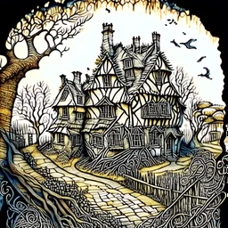 in the style of Arthur Rackham and Van Gogh, zentangle country side village, fantastical surrealistic, elegant, beautiful high definition fine 3D line art, watercolor ink and pen, extremely detailed, intricate, elaborate, HDR, beautiful, award winning, fantastic view, muted colours, fantasy, crisp quality