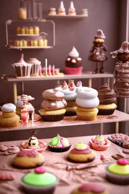 surrealistic image of toys baking and decorating delicious treats in a toy-sized bakery. You can have toy chefs decorating cupcakes, rolling out dough for cookies, and frosting cakes. Surround them with an assortment of mouth-watering pastries and candies.