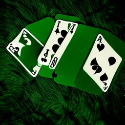 cinco naipes de póker sobre un tapete verde, tres de las cartas descubiertas