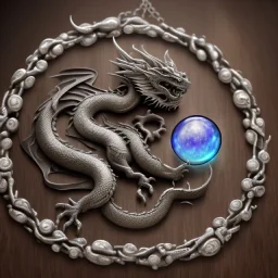 a gorgeous, stunning pewter necklace of a dragon clutching an illuminescent moonstone lying on a rustic wood table with crystal ball behind necklace, 8k resolution, high-quality, fine-detail, photorealistic, intricate, digital art, detailed matte, volumetric lighting, illustration, 3D octane render, brian froud, howard lyon, selina french, anna dittmann, annie stokes, lisa parker, greg rutowski, George Grie, Ben Goossens, Igor Morski