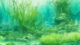 A greenish blue underwater reef with seaweed and kelp painted by Hashimoto Gaho