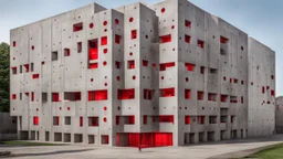 CUBIC BUILDING of concrete with red perforations