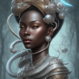 sango fantasy, fantasy magic, intricate, sharp focus, illustration, highly detailed, digital painting, concept art, matte, masterpiece head sexy view black African beauty black afro hair space lady silver snakeskin African princess sun cloud