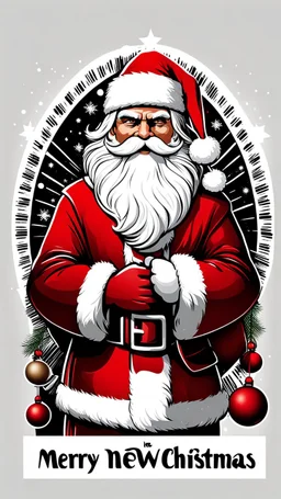 Póster que diga Feliz Navidad y Año Nuevo, Art illustration lineal Papá Noel, calidad ultra, hiperdetallado, 12k, fondo blanco, color blanco, rojo, negro y marrón full body, es imprescindible el texto en español