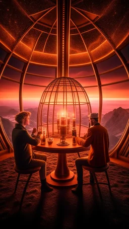 full shot of happy dandys drinking in a floating glass dome, dreamlike atmosphere, in the background the landscape burns like hell, in the style of man ray