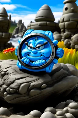 "Visualize a Smurf Watch made for outdoor adventures, featuring a durable, water-resistant design, and elements like Gargamel's cat, Azrael, in the background."