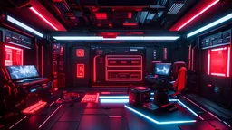 Cyberpunk VR machine room with two chair integrated with VR stuff. Detailed. Rendered in Unity. Japanese elements. Black and red lighting. Holograms. Use some elements of japanese traditional culture and add some wood stuff.