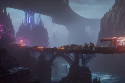  train arches bridges dungeon punk fantasy 7 towers city river ravine canyon