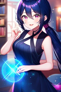 girl, masterpiece, best quality, cinematic lighting, detailed outfit, vibrant colors, perfect eyes, dark blue hair, pink eyes, long hair, low ponytail, dark blue dress, sparkle, depth of field, indoors, god rays, glowing light, ray tracing, laughing,