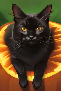 portrait of a happy black cat sleeping on a pumpkin