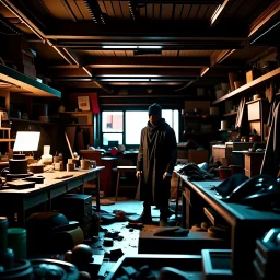 Wide angle environmental shot of ninja assassin in a cluttered and messy shack, chaotic shack in background. vibrant, photo realistic, realistic, dramatic, dark, sharp focus, 8k.