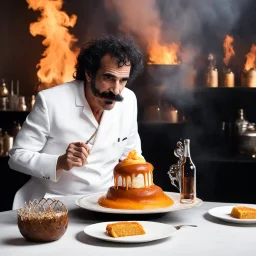 Frank Zappa participate au meilleur pâtissier 2020, his cigarette in the mouth and a bottle of rhum for his dessert un épais flaming baba au rhum in fire