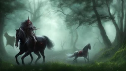 warrior sorcerer leading a black horse on forest path