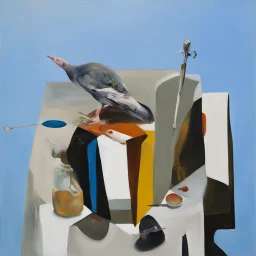 Abstract painting formed by a mix of a cat and human flesh-like surgical instruments and universe-like a pigeon and neuralink, surrealism,minimalism,Painting By Adrian Ghenie, Rene Magritte, Salvador Dali, Lucian Freud