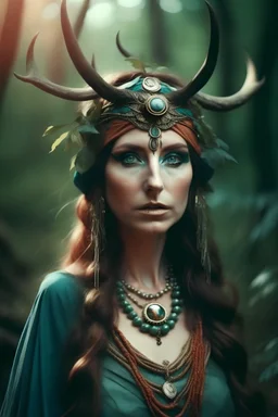 Portrait of pagan goddess in the wild forest, turban on head, long hair, jewelry made in style of Salvador Dali