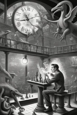 news paper journalist horror harlequin playing burning chess geese dinosaur reptiles in very bright light bulb factory on the bridge with twisted ladders with the most a confused look on his face in front of a huge glass prism clock with angels, in the style of Escher and Dali and Cthulhu