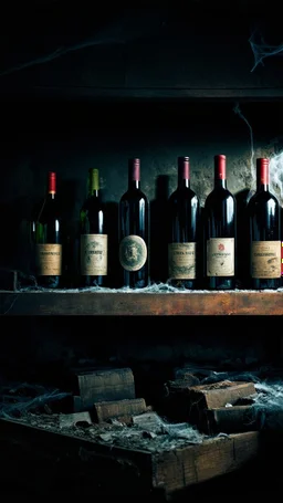 An old winery with a lot of old big wine Burials in a dark room , a few bottles of red wines with and old labels and spider webs on old broken shelf’s in side a dark abandoned underground dark room with a little dim touch on the wall, scary, dramatic, mysterious ambiance