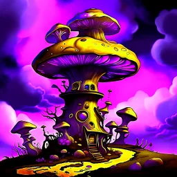 A fantabulous black, purple and yellow (((mushroom tower house))) erected atop a (geologic pillar), surrounded by the uncanny imaginative ((( swirling skies))), offset by the stark hues of a (neon-tinged nebulous space scape), within. captured by the hand a skilled master painter with a focus on (softly blurred compositions and voluminous lighting).