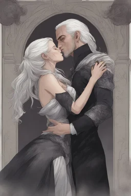 Strahd Von Zarovich being kissed by a beautiful woman with white hair, wearing an off the shoulder dress. Settling and background are a lavish toomb with an ebony coffin.