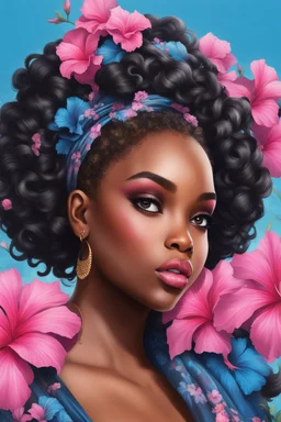 create an urban culture art image of a black curvy female looking to the side with a curly messy bun in a wrapped hair scarf. prominent make up with hazel eyes. 2k Highly detailed hair. Background of blue and pink hibiscus flowers surrounding her heaviley