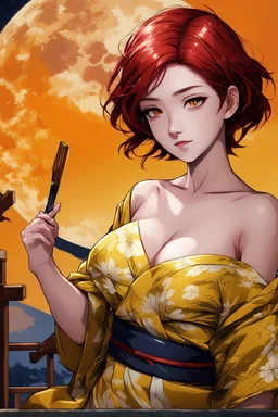 (Asian), short hair, fiery red hair hair, yukata, yellow clothes, 8k, best quality, winking, very dark night time, lighting from moon yellow moon, perfect, masterpiece