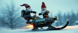 close up on gnome hit man with rocket boots in suit on a mech sled doing jumping stunt in winter wasteland, style of fallout 4, high speed with motion blur, on elevated road