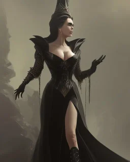 old evil queen in black leather gown, femme fatale, volouptous, busty, cleavage, angry, emperious, 8k resolution concept art portrait by Greg Rutkowski,