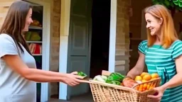 suspicious young woman sells her groceries to lady at house for cash