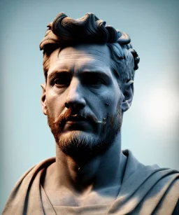 Gran angular, Realistic image, roman sculpture, royal marble material, Lionel Messi, Laurel wreath model, miguel angel style, emperador, God light, god rays, 4k resolution, ornate details, soft lighting, unreal engine 5, soft cyan background.