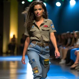 latin model catwalk wearing cargo jeans with patch embroidered