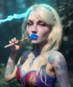 Ultra realistic wonderland photo, happy blonde woman smoking a shisha, blue dress, big purple-cat friend, circus dress style, old school tattoo, smoke, marijuana garden, glow eyes, perfect iris, soft color, highly detailed, unreal engine 5, cinematic, ultra detail, volumetric lighting, high definition.