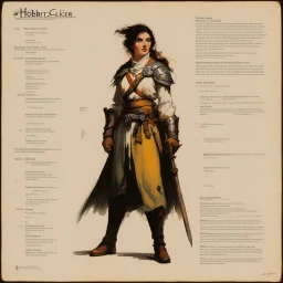 ConceptSheet: female hobbit cleric with AD&D statistics [by frank frazetta]