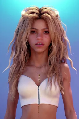 Shakira artist, Realistic image, natural waist up portrait, natural busty , perfect eyes, glow, circle iris, eye liner. spray line make up, glow. lips, gold. big rings piercing, led ornament. coat, vibrant color, highly detailed, art stations, concept art, smooth, unreal engine 5, god lights, ray tracing, RTX, lumen lighting, ultra detail, volumetric lighting, 3d, finely drawn, high definition, 4k.