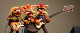 masterfully Gnoll muppet puppet band all playing on one big guitar