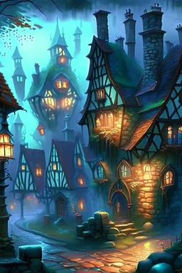 Fantasy village with cobblestone houses with stained glass windows. It's misty and looks cheerful but mysterious.