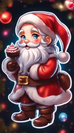 Chibi santa-claus hug big Chocolate in 8k sticker, style of fairy academia, neon lights, intricate details, highly detailed, high details, detailed portrait, masterpiece,ultra detailed, ultra quality