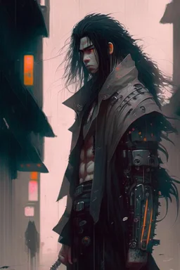 Street samurai, black hair, long hair, cybernetic eyes, standing in mists, male, dark art, Ivory Peach skin, cute, Cyberpunk