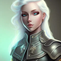 D&D cleric, female, platinum blonde hair, happy, teal armor, eyes gold