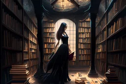 full-height shot of a woman in a tight black dress, inside a large magic book shop, books, bottles, windows