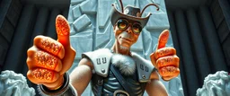coy insect cyberpunk cowboy pointing thumbs up brilliant detailed full figure portrait disco glittery fluffy muscle man anime in the style of Escher and Giger in front of dented marble tower of transparent glass statues