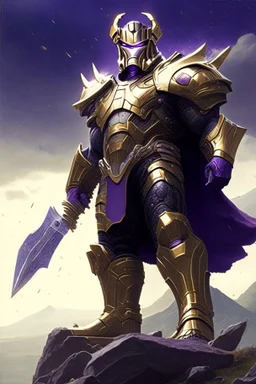 Thanos, the commander of the army of aliens and the king of the entire galaxy, is ready to go on a campaign with his two large swords, his very beautiful and impenetrable armor with his golden helmet, standing on top of a hill with his sword with infinity gauntlet