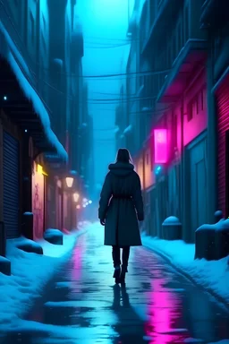 winter, a pretty woman walking in an alley, neon lights, snow falling, cold, empty streets, fantasy world, 4k