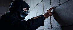 close up on guard pointing at professional ninja thief climbing a wall during lightening,